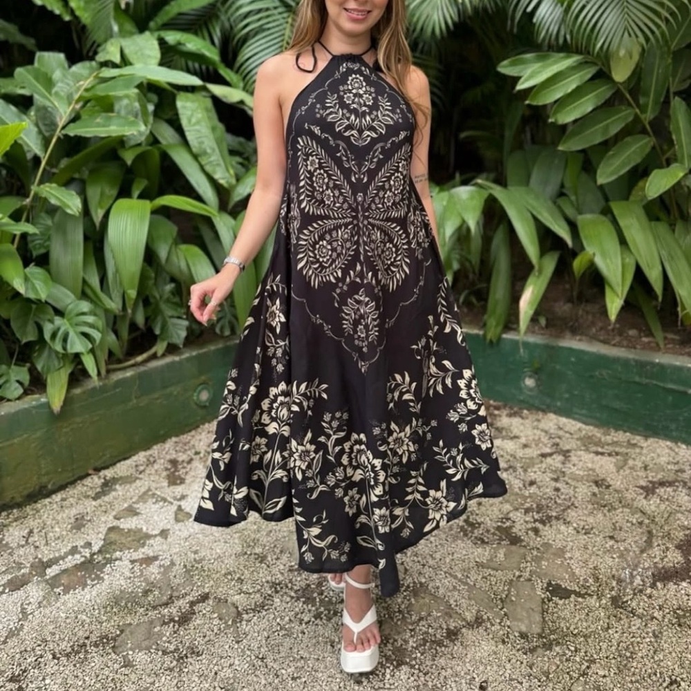 FARM Rio Black Midi Halter Dress with Cream Floral Print